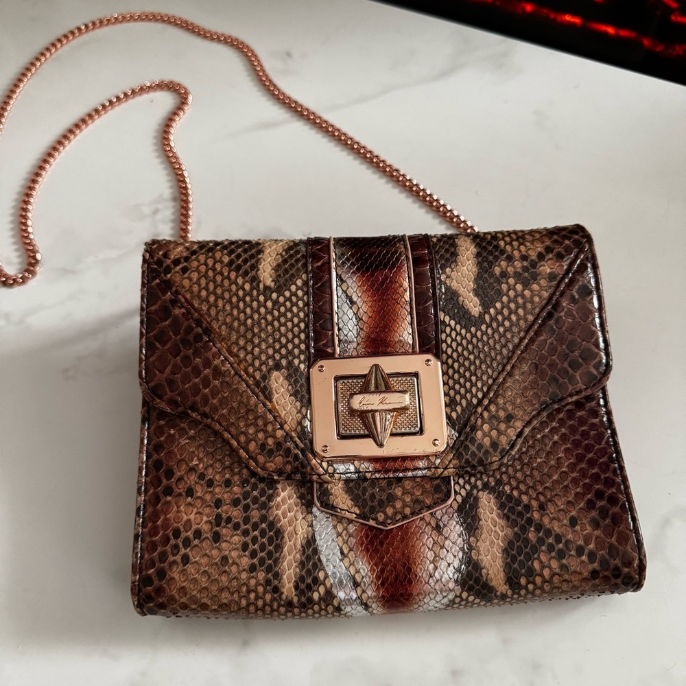 Emm Kuo Snake-Print Crossbody Bag with Rose Gold Chain
